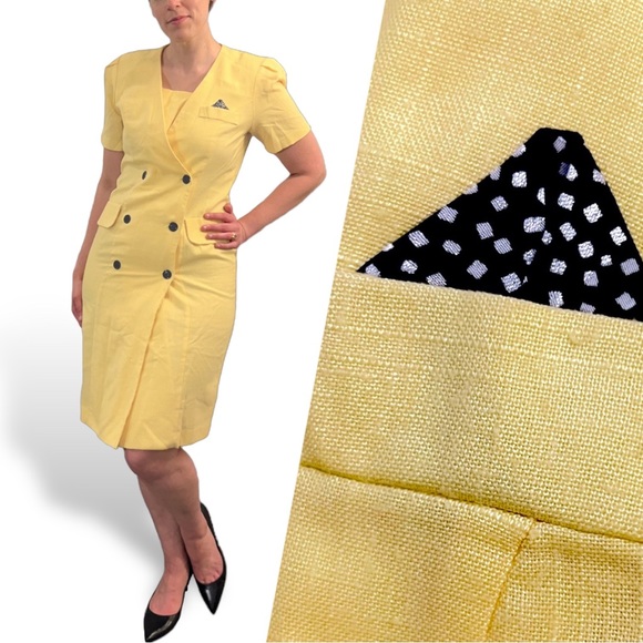 Yellow Double Breasted 80s Vintage Suit Dress Damon II Short Sleeve Knee Length - Picture 1 of 4